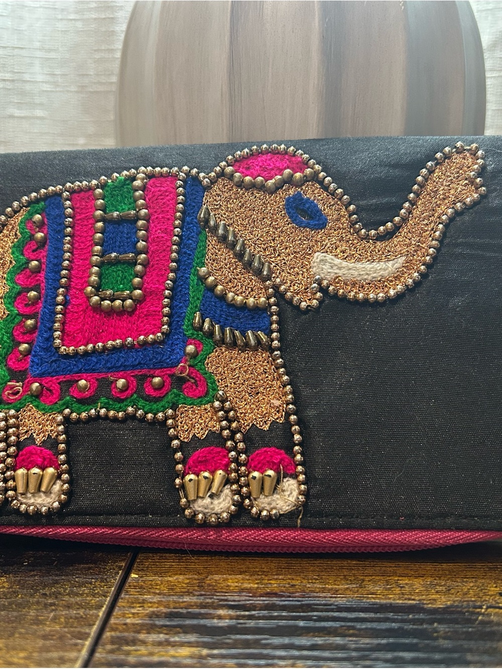 Boho Hand Embroidered Elephant Zip Around Wallet NWOT